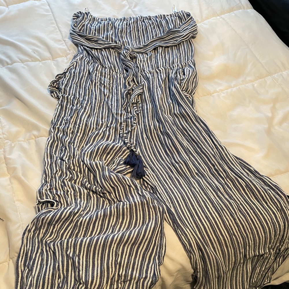 Blue and white strapless romper